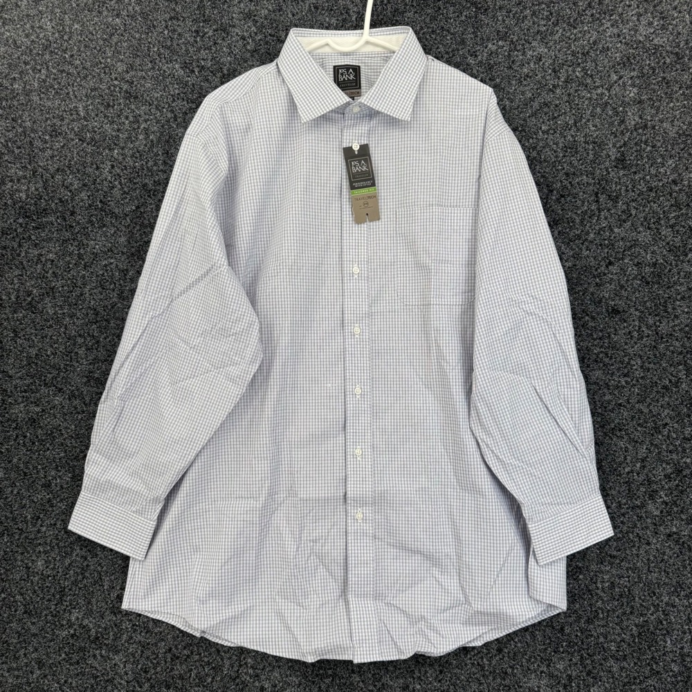 Jos A Bank Traveler Travel Tech Shirt Mens 18.5 34 Tailored Fit Blue Check NWT